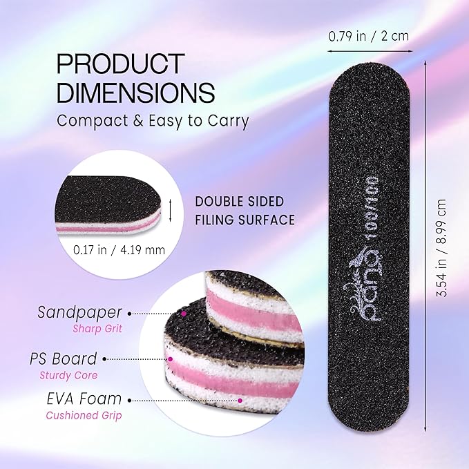 25pcs - PANA Mini Double-Sided Emery Nail File for Manicure, Pedicure, Natural, and Acrylic Nails - Black (Grit 100/100)
