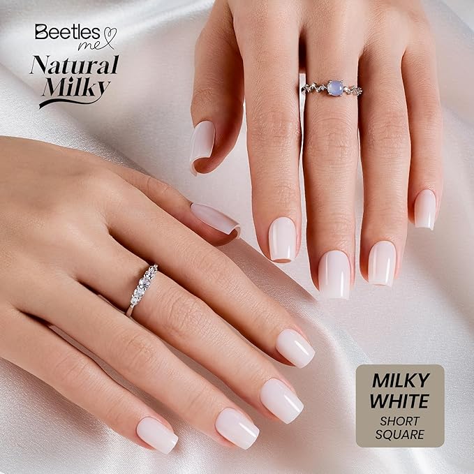 Beetles Natural Milky White Press On, Short Square Press On Nails, Soft Nail Gel Nail Kit with Fast-Dry Nail Glue & Adhesive Tabs, 30pcs 15 Sizes, Girls Stick On Nails for Women