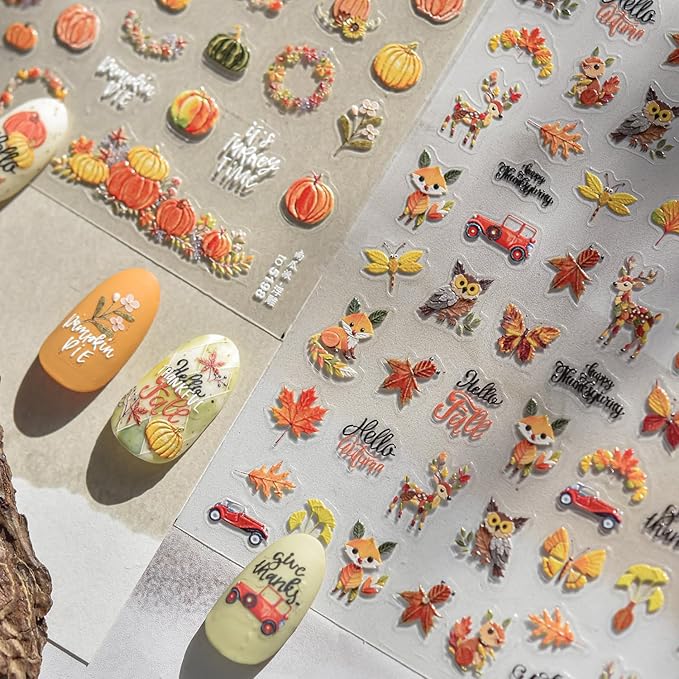 Fall Nail Art Stickers 5D Embossed Fox Nail Stickers 3D Self-Adhesive Squirrel Nail Decals Autumn Elk Owl Nail Designs Orange Maple Car Nail Art Decoration for Women Girls Manicure 1 Sheet