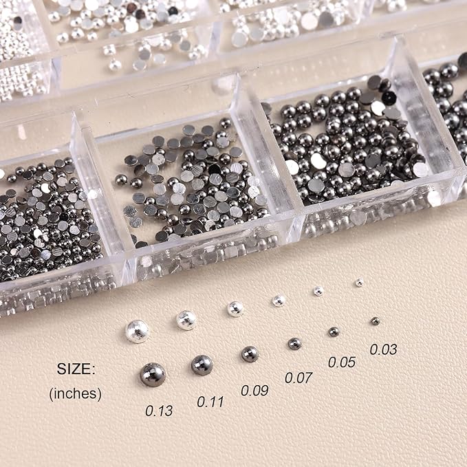 Nail Caviar Beads Set, Mixed Size Silver & Black Metal Alloy Nail Beads for Nail Art, Half-Round Flatback Y2K Nail Decorations Accessories with Tweezers, Professional Manicure Supplies