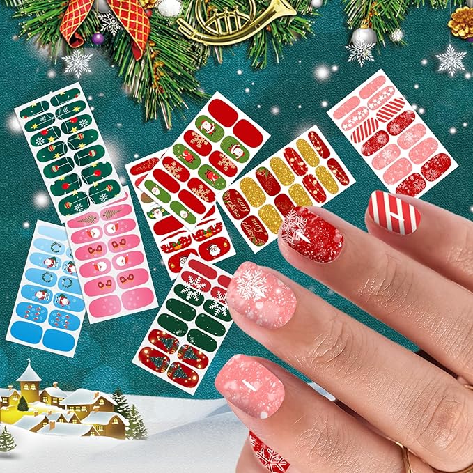 JERCLITY 16 Sheets Halloween Christmas Nail Polish Strips Nail Wraps Bat Spider Jack-o'-Lantern Snowflake Santa Claus Christmas Tree Nail Stickers for Women Holiday Manicure