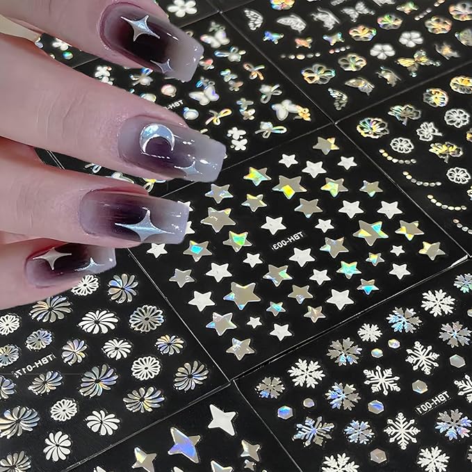 30 Sheets Aurora Nail Art Stickers 3D Self-Adhesive Flower Nail Stickers for Nail Art Aurora Star Nail Art Stickers Line Nail Decals Heart Design Nail Decals for Nail Art for Women