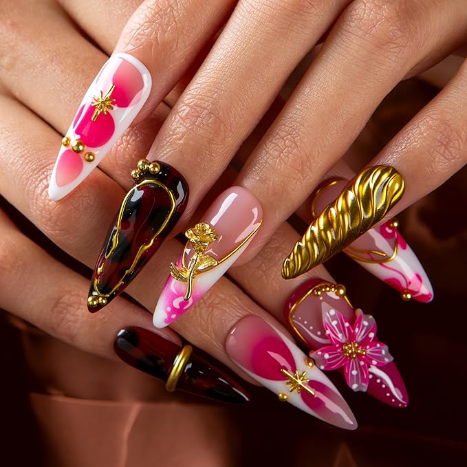 LOVFUL Short Press on Nails Flaming Desire | Handmade Acrylic Press ons| Reusable Fake False Nails | Stiletto Classic Regular 1.3in | H690-S