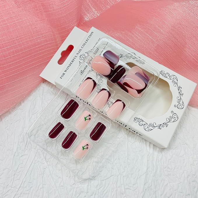 Square Press on Nails Short Fake Nails with Designs Cherry Stick on Nail Retro Red Acrylic False Nail Glossy Artificial Nail Full Cover Glue on Nails for Women 24Pcs