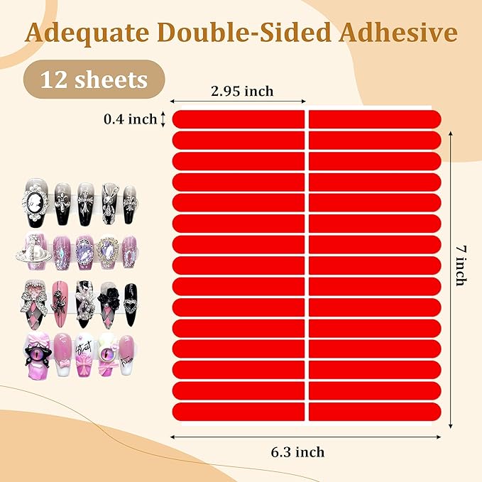 12 Sheets Double Sided Nail Tape for Press on Nails, Clear Adhesive Mounting Tapes for Nail Packaging Nail Design Salon Supplies Colors Designs Showcase (Red)
