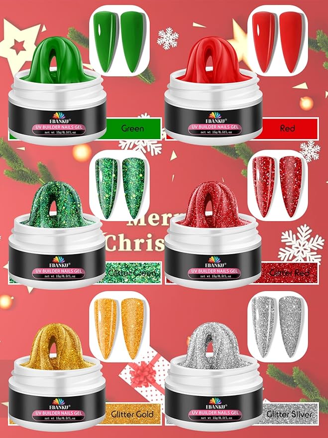 EBANKU Solid Builder Gel for Nails, 6 Colors Nail Extension Sculpture Gel for Nail, Valentines Red Green Gold Silver Glitter Non-Sticky Carving Modeling Nail Art