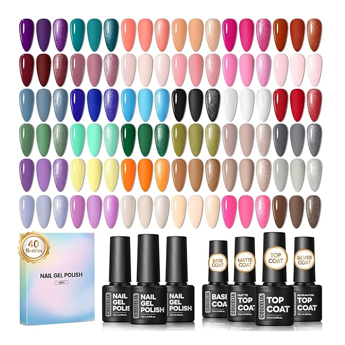 COSCELIA 40PCS Gel Nail Polish Set, 36 Winter Colors Gel Polish Set with Glossy Matte Sliver Top Base Coat Nude Red Brown Blue All Seasons Colors Nails Valentines Day Gifts for Women Teens Girls