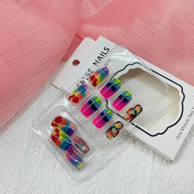 Square Press on Nails Medium Fake Nails with Designs Butterfly Stick on Nail Colorful Acrylic False Nail Glossy Artificial Nail Full Cover Glue on Nails for Women