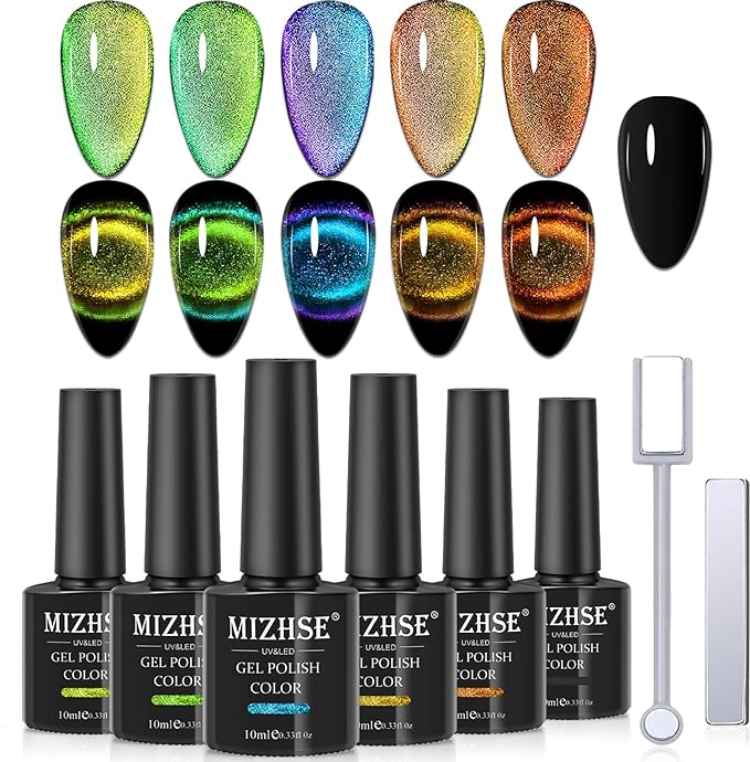 MIZHSE 9D Cat Eye Gel Nail Polish, Magnetic Gel Polish Set 10 ml 6 Colors with 2 Magnets, Chameleon Magic Galaxy Effect Nail Polish, Yellow Brown Fall Colors Soak Off Nail Art Gift for Ladies
