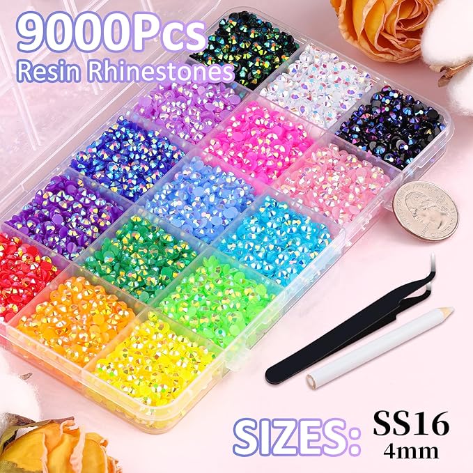9000Pcs Resin Jelly Rhinestones with Tweezers for Crafting, Mixed-Color 4mm Flatback Gems, Bedazzling Crystal for DIY Crafts Clothing Tumblers Mugs Shoes Fabric Nail Art