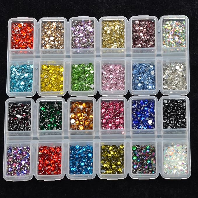 24 Colors 6400 Pieces Rhinestones Round Crystal Glass Flat Back Rhinestones with 1Tweezers and 1Picking Pen for Nail Art Crafts Clothes Bags DIY (ss10)
