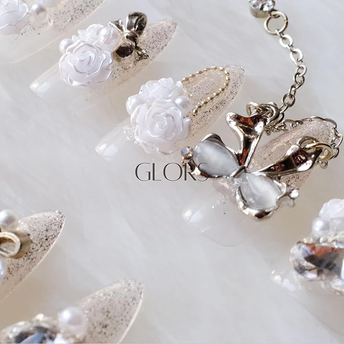 Luxury Long Almond Press-On Nails, 3D White Roses with Silver Glitter, Pearl and Rhinestone Decorations, Handmade False Nail 10 Pieces (Large, LS)