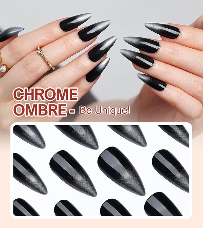 Morily Black Stiletto Press on Nails, 24Pcs Chrome Ombre Fake Nails Medium Length Glossy Artificial False Nails with Designs Long Reusable Stick on Nails for Women