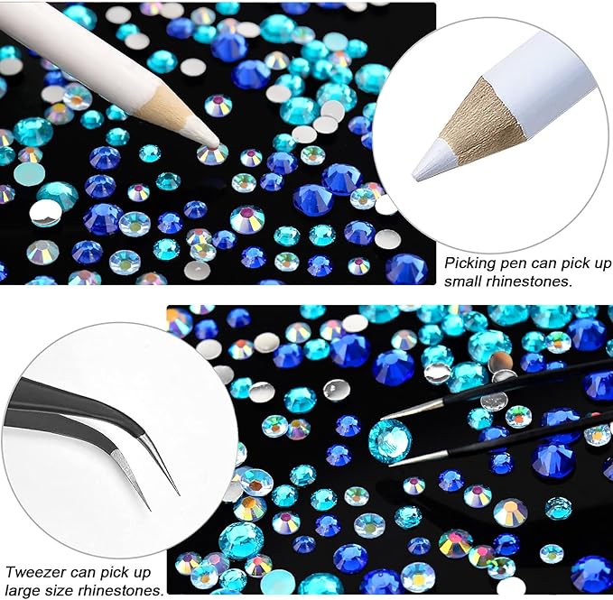 15000PCs 2-6MM Blue Series Resin Flat Back Rhinestones, Round Non Hotfix Jelly & Silver Bottom Resin Rhinestones Nail Gems Stones with Tweezer & Picker Pen for Nail Art Tumblers & DIY Crafts
