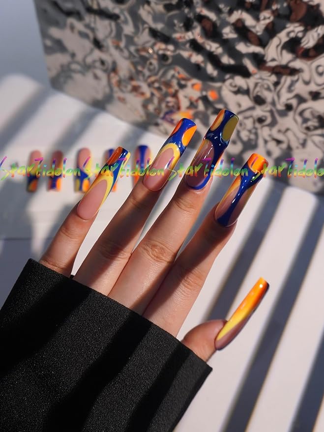 HAND-PAINTED White Press Ons Neon Small Press on Nails Long French Press on Nails Coffin Medium Short Nail art Fake Nail Art Kit with 7g Glue on Nails Handmade Almond Square Nails (TJ-10, X-Small)