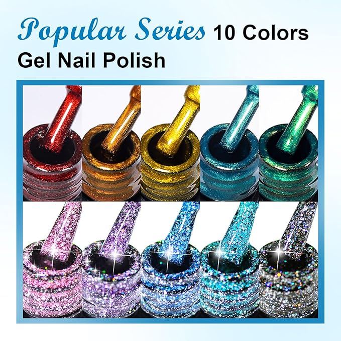 12Pcs Metallic Gel Nail Polish + Reflective Glitter Gel Polish Red Orange Pink Blue Green Neon Nail Polish Gel for Home Salon DIY Manicure Gift
