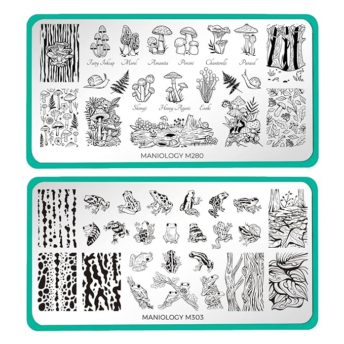 Maniology Forest Wonders Nail Stamping Plate Set, Mushrooms Frogs Manicure, Rainforest Woods Animal Nail Art (Magic Mushrooms (M280), Hop To It (M303))