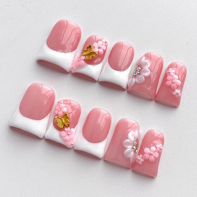 French Tip Press on Nails Handmade Short Duck 3D Floral Thick Acrylic Nails White False Nails with Flower Butterfly Designs Elegant Glossy Fake Nail Sturdy Art Wedding Press on Nail 10Pcs(S)