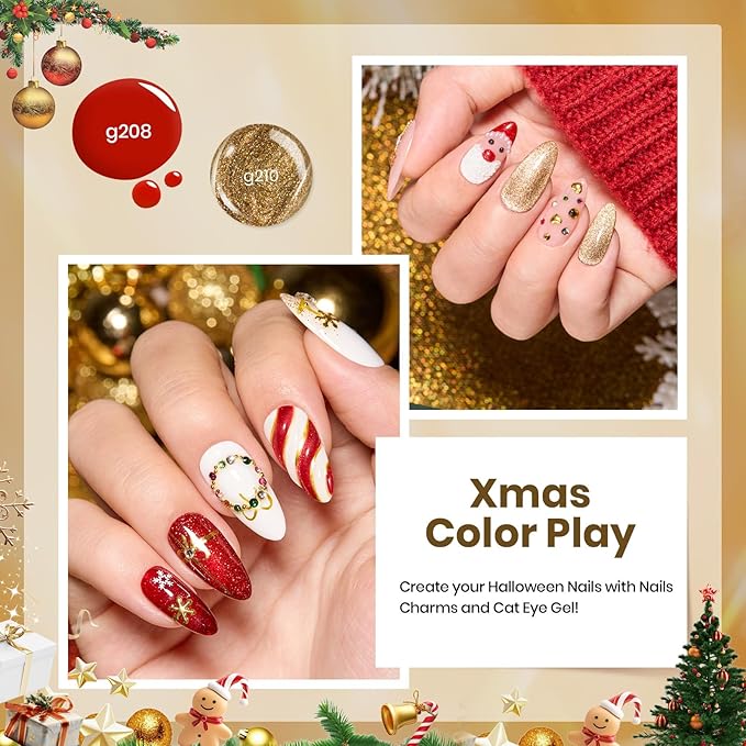 Beetles Merry Glow Valentines Gel Polish Set - 8 Holiday Colors Gel Nail Gift Box with Base&Top Coat, Red Cat Eye White Gold Silver Nude Nail Kit, Uv Led DIY Salon Manicure Kit Beauty Gifts for Women
