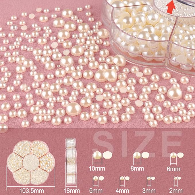 Nail Art Flat Back Half Round Pearl Kits, Mixed Sizes 6000 Pcs with B7000 Jewelry Glue Beige Small Pearls for Nails with Picking Tools for Graduation Cap Decorations Home DIY Body Face Craft Use