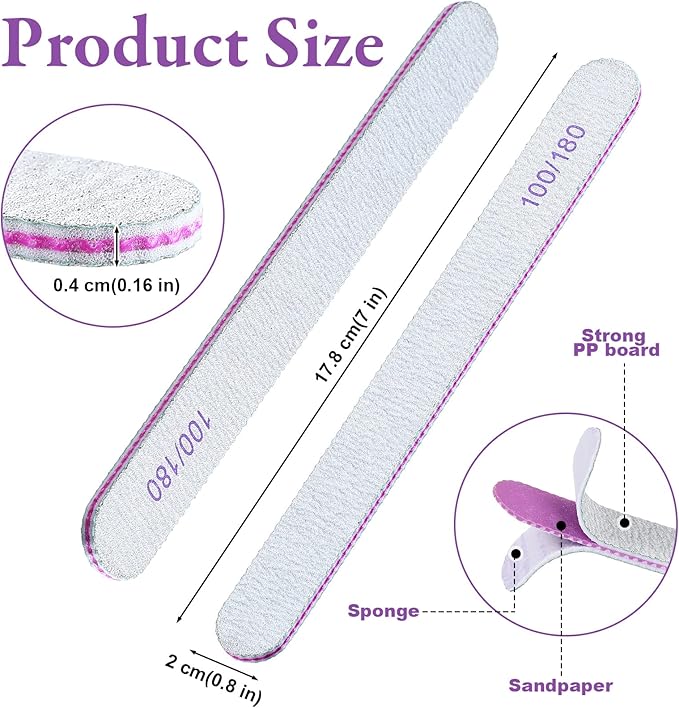 200 Pcs Nail Files 100/180 Grit Double Sides Emery Boards Reusable Nail Files for Acrylic Fingernails Professional Manicure Tools for Natural Acrylic Fingernail Home and Salon Supplies