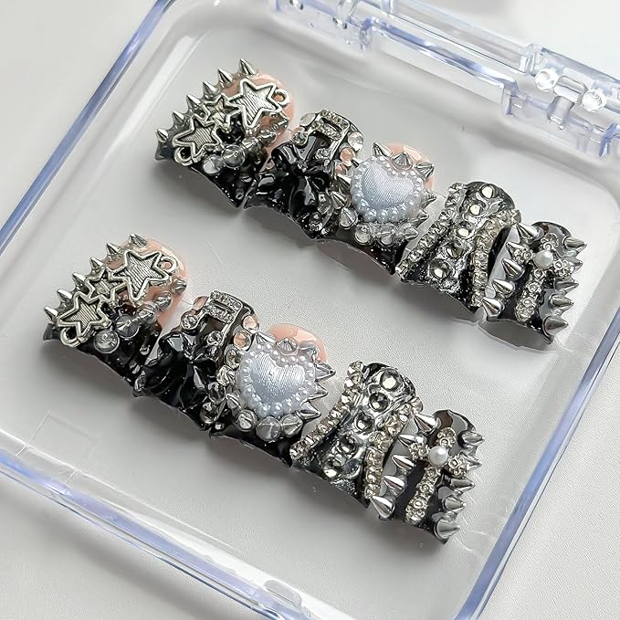 Luxury Press on Nails Short Duck Handmade 3D Unique Reusable ABS Material Fake Nails Black French Tip False Nails with Designs Stars Rhinestones Heart Glossy Glue on Nail Thick Acrylic Nail(M)