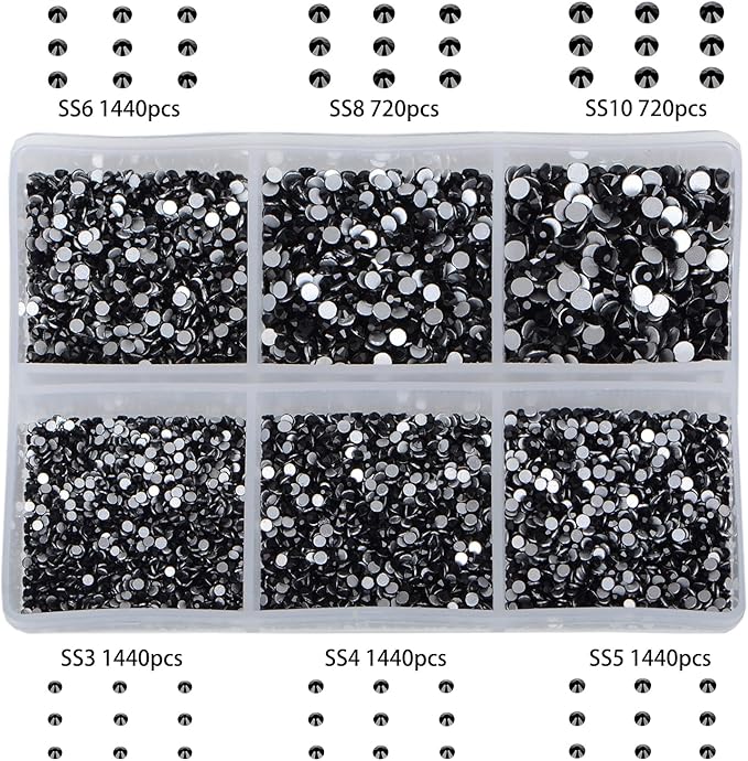 Bymitel 7200 Pieces 6 Mixed Sizes Glue Fix on Glass Rhinestones Round Crystal Gems Flatback for DIY Jewelry Making with one Picking Pen(Mix: SS3-SS10/7200PCS, Black)