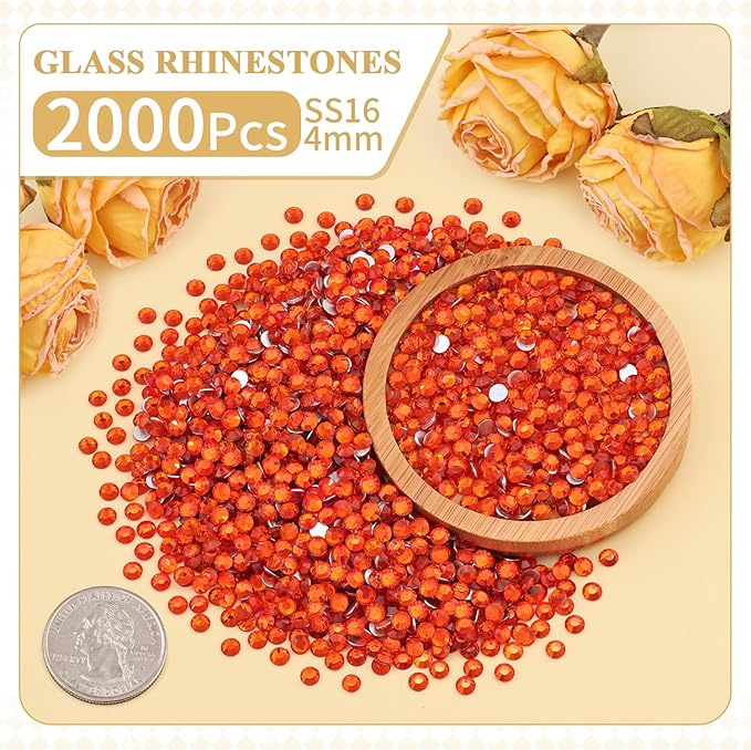 2000PCS SS16/4mm Crystal Rhinestones (Orange/Hyacinth), Bedazzling Flatback Glass Rhinestones for Crafting, Gems Diomand Charms for Tumbler Shoes Clothing Nail Art
