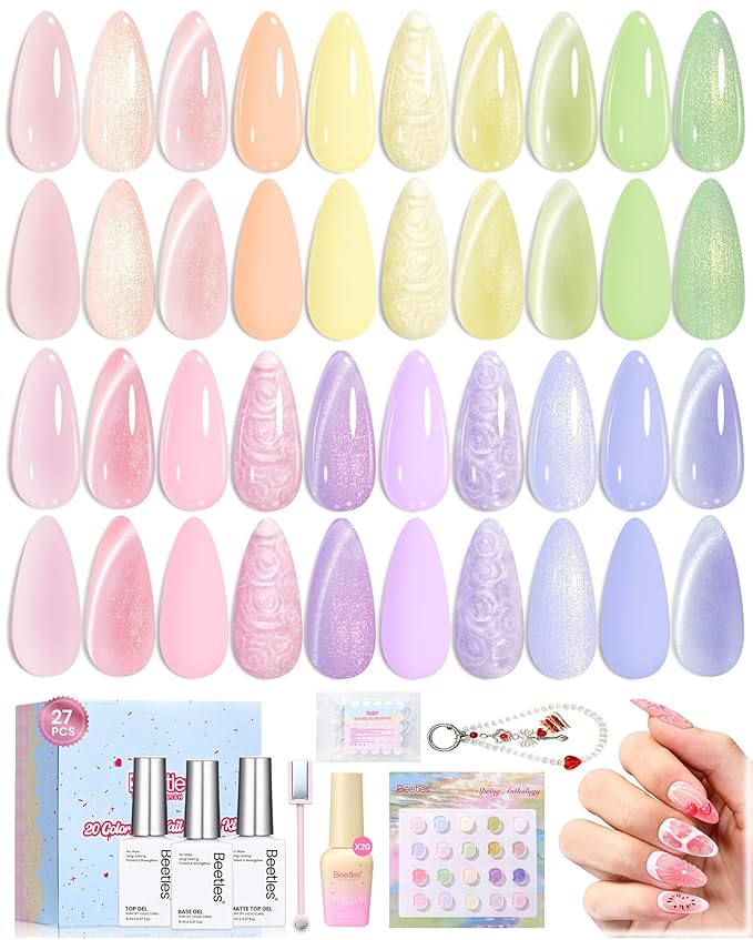 Beetles Pastel Gel Nail Polish Set - Spring Anthology 20 Colors Gel Polish Cat Eye Pink Yellow Blue Green Pearl Shimmer UV LED Nail Gel Base Top Coat Nail Tool Home Salon Spring Summer Gift for Women