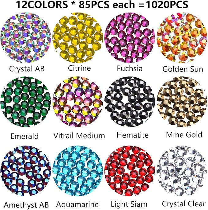 1020Pcs Hot Fix Glass Flatback Rhinestones HotFix Round Crystal Gems 6MM (12 Mixed Colors, 6mm SS30)