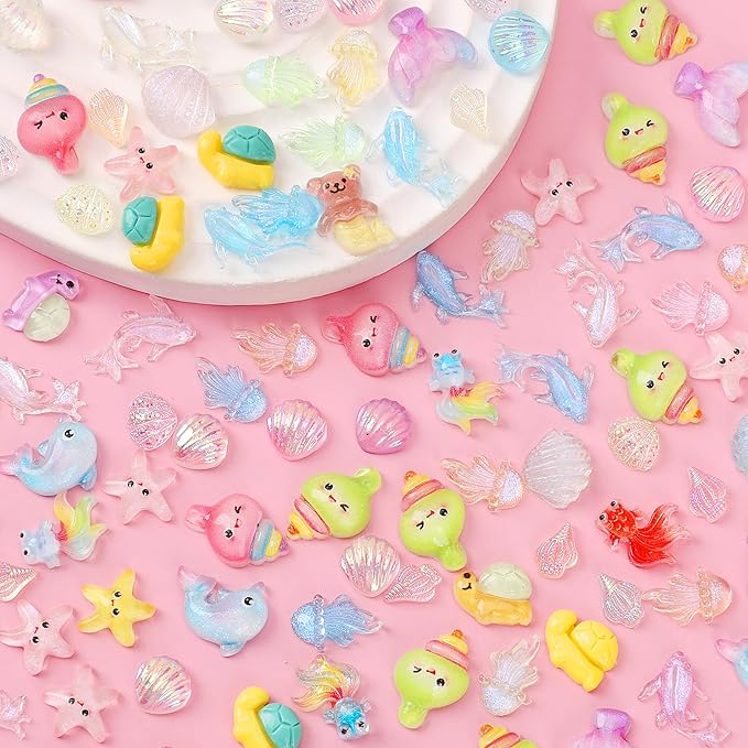 120PCS Summer Beach Nail Art Resin Accessories, Ocean Theme Shell Starfish Goldfish Nail Studs Sea Series Whelk Nail Charms Supplies for Nail Art Designs DIY Manicure Decoration 2