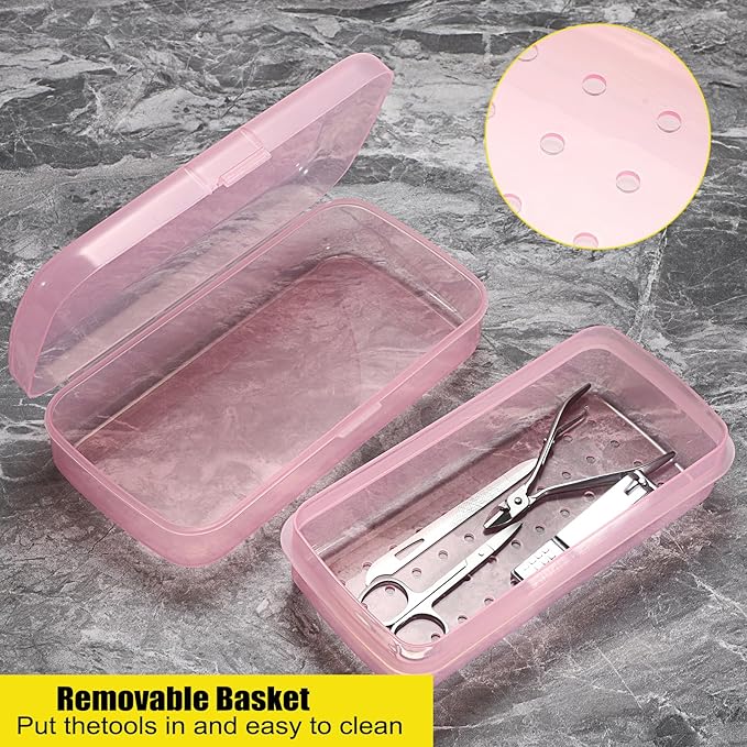 JUXYES 2 PCS Plastic Sterilizing Tray for Nail Art Accessories Tools, Portable Nail Art Tool Sterilizer Tray with Strainer, Fully Transparent Storage Box Organizer for Tweezer Manicure Tools