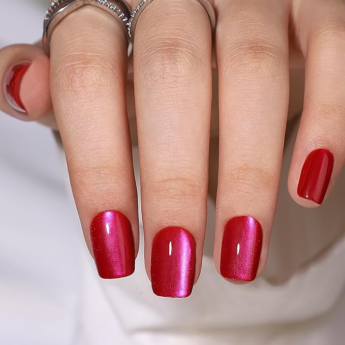 Press On Nails - Short Deep Red Square Nails, Soft Gel False Tips Kit, 32 Pcs Reusable