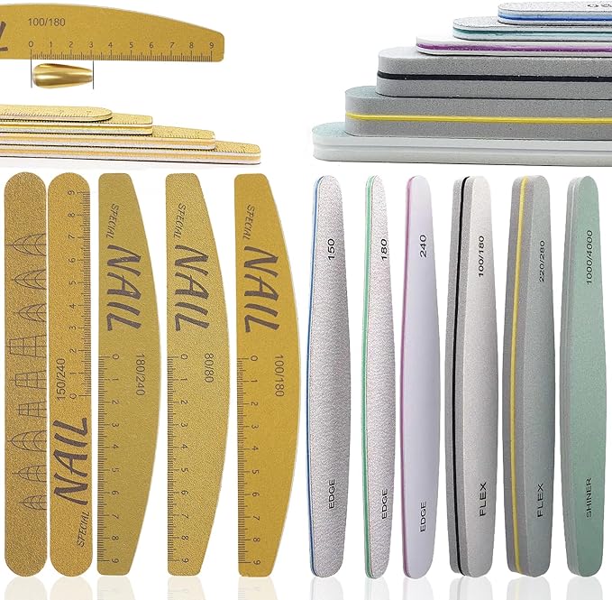 10 Pieces Nail Files and Buffers, Nail Files for Natural Nails, Emery Boards for Nails with Nail Shape Guide(Square, Almond, Oval), Nail Buffer Block 100/180 Grit Finger Nail File Set