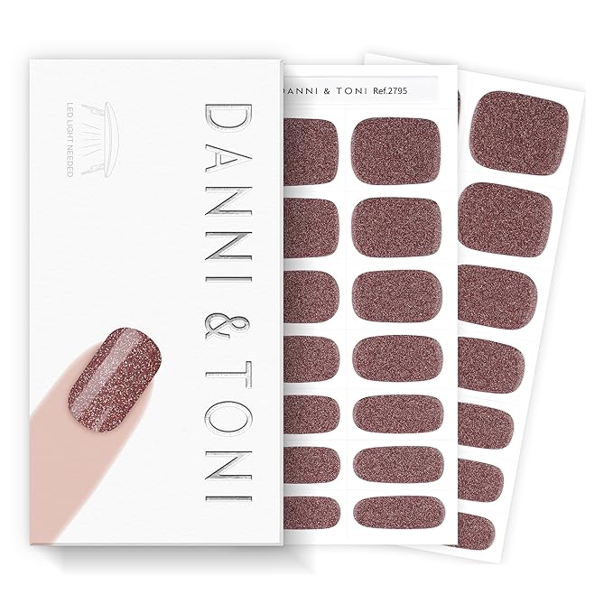 DANNI & TONI Semi Cured Gel Nail Strips Dusty Rose Brown Diamond Powder Gel Nail Stickers 28 Stickers | Mocha Sparkle