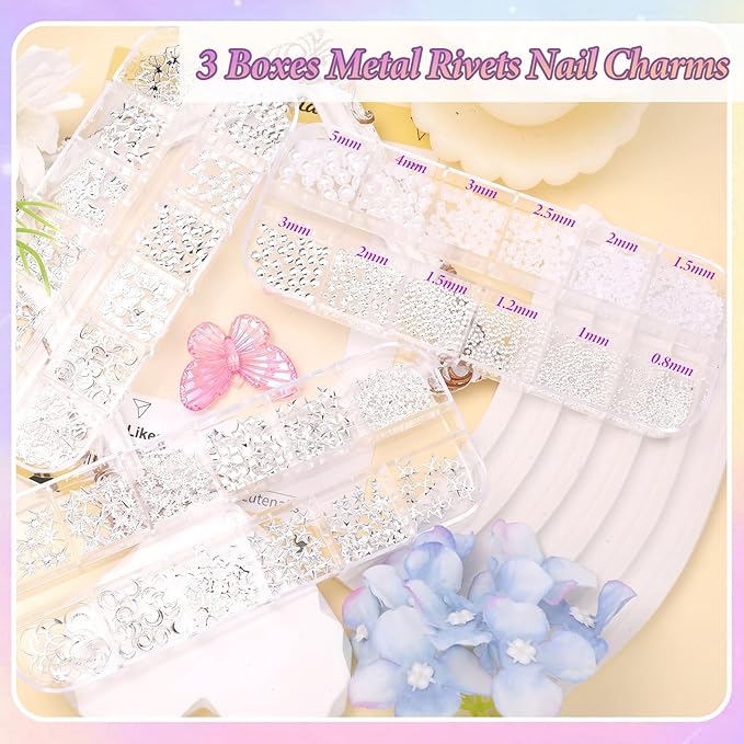Silver Alloy Cross Star Nail Charms, Silver Metal Nail Beads, White Flatback Pearls, 3D Star Moon Heart Bow Butterfly Nails Studs, Mixed Sizes Caviar Beads and Pearls for Nail Art Accessories DIY