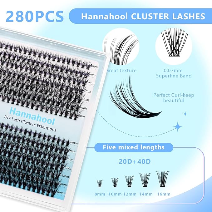 10Rows,Large Pack Grafting Mixed 10-12-14-16mm/14-16-18mm/12-14-16mm Wide Stem Cluster Eyelashes D Curl Individual False Eyelashes Home DIY Eye Lashes Extensions (20D+40D-8-16MM Kit)