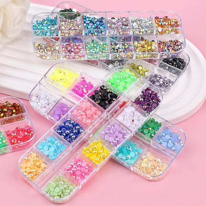 5 Boxes 3000pcs Sparkling Crystal Nail Rhinestones Pearls Kit, Flatback Multicolor Transparent Jelly AB Mermaid Gems with Pick Up Pen and Curved Tweezers for Manicure Salon & Craft DIY Designs (4mm)