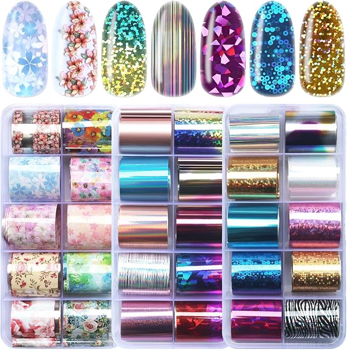 LoveOurHome 30 Sheet Tranfer Nail Foils Sticker Decorations, Holographic Aurora Nail Tranfer Foil Stickers Floral Nails Stickers Decals Starry Sky Foil Sheet Acrylic Nails Accessories Decoration