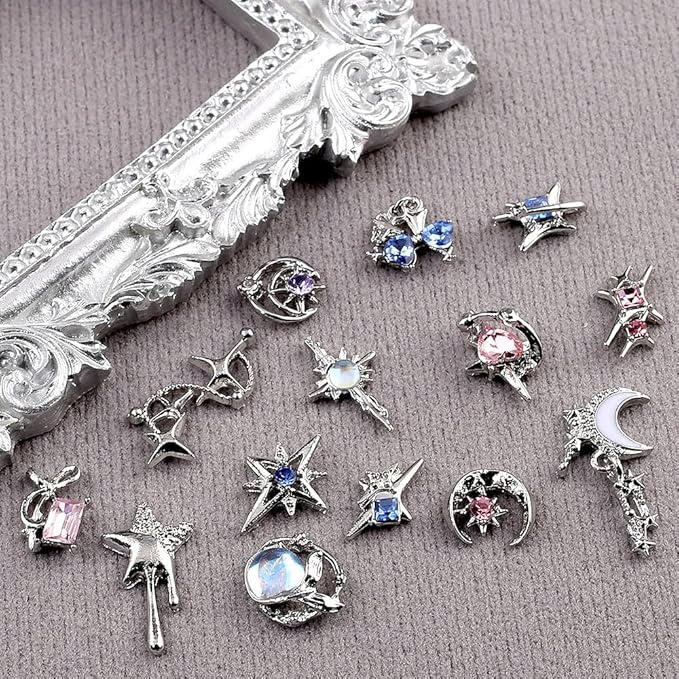 16 Styles Luxury Moon Star Nail Charms for Acrylic Nails Alloy Rhinestone Star Moon Nail Art Charms 3D Bow Butterfly Silver Nail Charms Y2k Nail Accessories Metal Nail Jewels for Nail Art Supplies