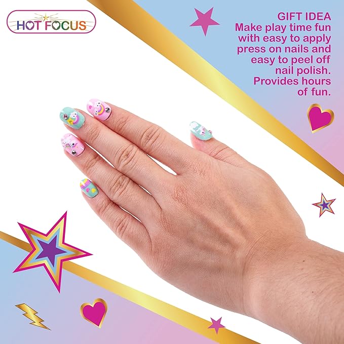 Hot Focus Scented Nail Boutique – 168 Piece Unicorn Nail Art Kit Includes Press on Nails, Nail Patches, Nail Stickers, Nail Polishes, Nail File and Ring – Non-Toxic Water Based Peel Off Nail Polish