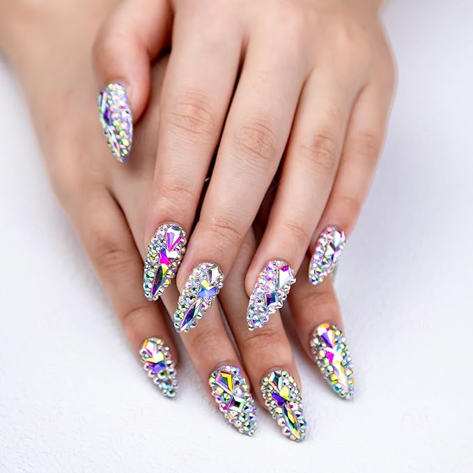10 Pieces Handmade Press On Nails Medium Almond, Thickened False Nails With Rhinestone Design, Reusable Fake Nails Almond, Reusable Acrylic Nails (S)