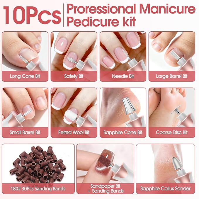 Electric Nail Drill Kit, Haootadiy Professional Manicure Pedicure Set Rechargeable with Nail Drill Bits Sanding Bands, Cordless Electric Nail File Buffer for Acrylic Gel Dip Powder Nails Grind Trim