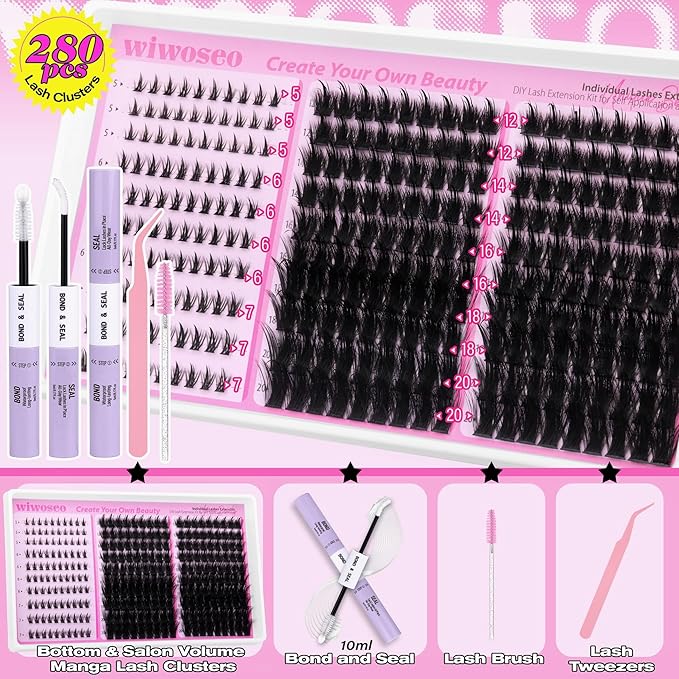 wiwoseo Lash Spikes Lash Clusters Kit with Bottom Lashes Spiky Lash Clusters Eyelash Extensions Kit Manga Eyelash Clusters Kit Fairy Cluster Lashes Salon Lashes Clusters Kit with Clear Bond and Seal