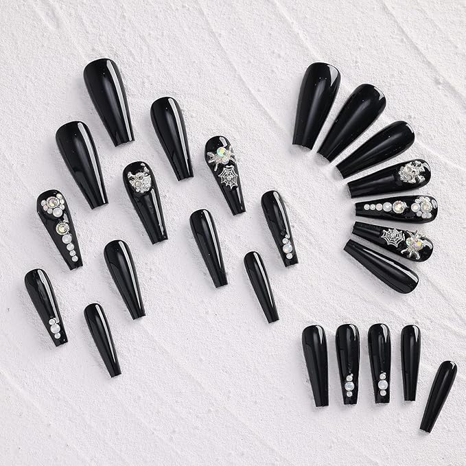 Morily 24Pcs Long Coffin Press on Nails Halloween Black Fake Nails Acrylic Skeleton Stick on Nails with 3D Spider Web Rhinestones Design Artificial False Nails for Women (Black Silver Spider Crystal)