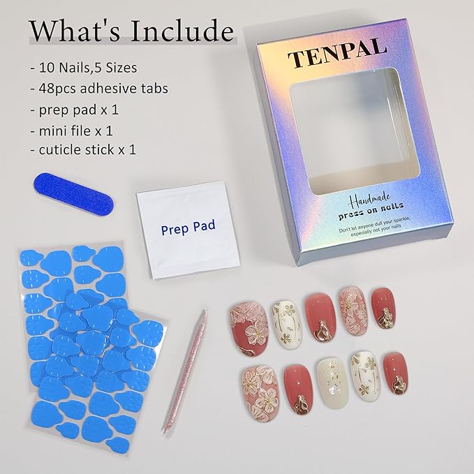 Short Oval Press on Nails,Peach Yogurt Base Glue on Nails,Hand-Painted Cloisonné Florals False Nails Press ons,Artisan Chinese Style Fake Nails Kit,Enamel Wire Inlay Nail Art Tools 10pcs(S)