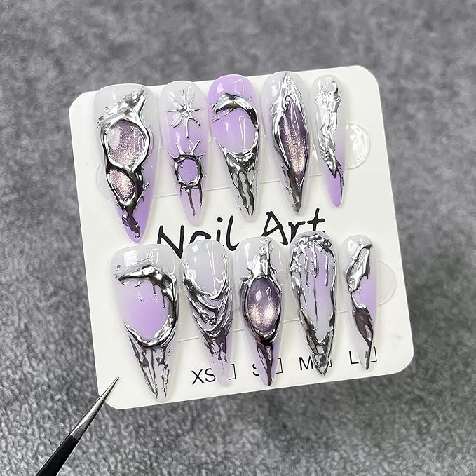Purple Gradient Press on Nails Long - Handmade Press On Nails Almond Fake Nails with 3D Cat's Eye Designs False Nails Luxury Full Cover French Acrylic Stick on Nail for Women 10Pcs (Size M)