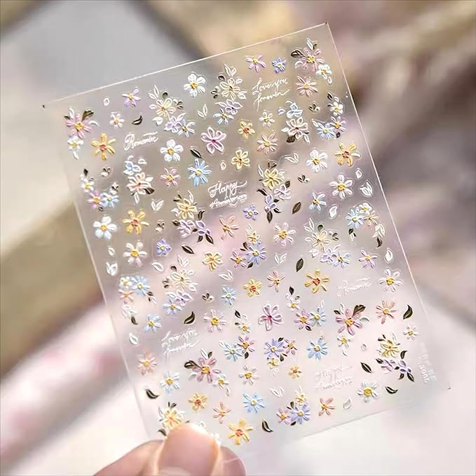 Dedyel Summer Wildflowers Nail Sticker 5D Embossed Wildflower Nail Stickers Spring Summer Red Yellow Blue White Flower Design Nail Art Decoration for Women Girls Kids