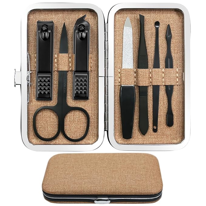 Manicure Pedicure Set Personal Care Nail Clipper Kit 7 PCS Manicure and Pedicure Kit Nail Care Kit for Men Suitable for Travel(Brown) Present for Men Husband Boyfriend Parent