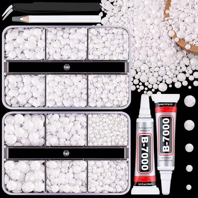 Resin Jelly Rhinestones for Crafting with B7000 Jewelry Glue, 2 Boxes White Flatback Crystals with 2Pcs 10ml Glue, Bedazzling Non Hotfix Gems for DIY Tumblers Clothing Shoes Manicure